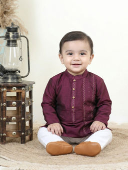 Kinder Kids - Thread Work Embroidered Kurta and Pyjama- Burgundy