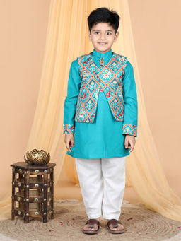 Kinder Kids - Solid Kurta and Pyjama With Printed Jacket - Turquoise