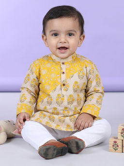 Kinder Kids - Floral Printed Kurta and Pyjama- Yellow