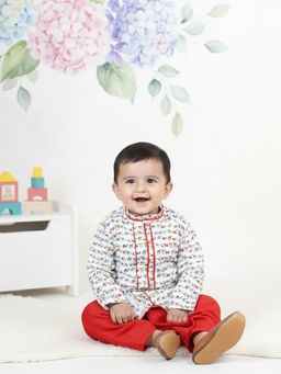Kinder Kids - Camel Printed Kurta and Dhoti - Red