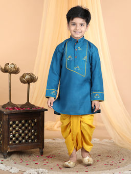Kinder Kids - Car Embroidered Kurta and Dhoti - Blue