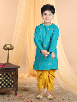 Kinder Kids - Car Embroidered Kurta and Dhoti - Teal Blue