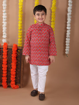 Kinder Kids - Floral Printed Kurta and Pyjama- Red