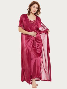 Clovia - Long Night Dress & Robe In Maroon Satin (Set of 2)