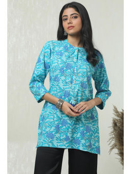 Soch - Womens Blue Rayon Botanical Floral Print Tunic