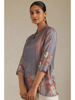 Soch - Womens Grey Muslin Botanical Floral Print Tunic