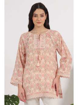 W - Peach Cotton Floral Printed Crepe Tunic