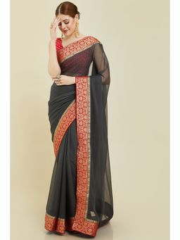 Soch - Women Grey Chiffon Embroidered Saree with Unstitched Blouse