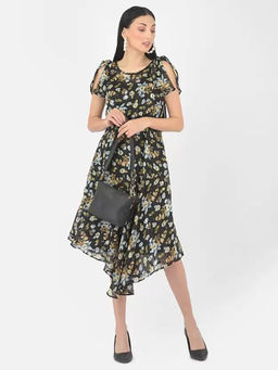 Latin Quarters - Black Cap Sleeve Printed Polyester Dress