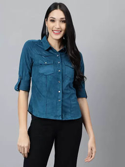 Latin Quarters - Womens Teal Three Fourth Sleeve Solid Shirt