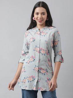Divena - Grey Floral Printed Rayon A-Line Shirt Style Top