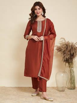 MOKOSH - Women Brown Chinon Embroidered Kurta with Pant and Dupatta