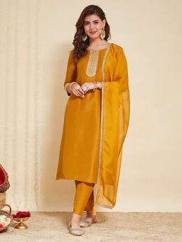 MOKOSH - Women Mustard Chinon Embroidered Kurta with Pant and Dupatta