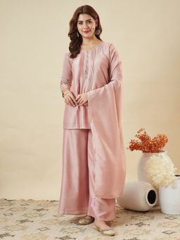 MOKOSH - Women Rose Pink Silk Embroidered Kurti with Palazzo and Dupatta