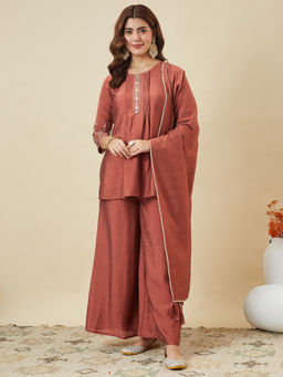 MOKOSH - Women Maroon Silk Embroidered Kurti with Palazzo and Dupatta