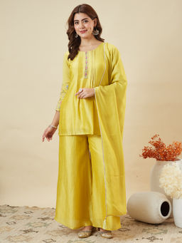 MOKOSH - Women Lemon Yellow Silk Embroidered Kurti with Palazzo and Dupatta