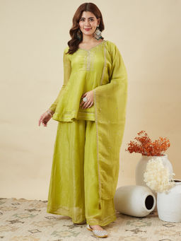 MOKOSH - Women Green Silk Embroidered Kurti with Palazzo and Dupatta