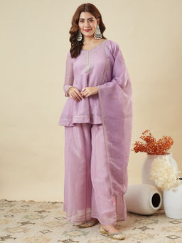 MOKOSH - Women Lavender Silk Embroidered Kurti with Palazzo and Dupatta