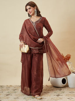 MOKOSH - Women Brown Silk Embroidered Kurti with Palazzo and Dupatta