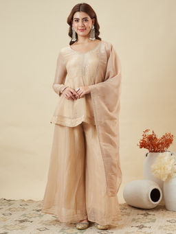 MOKOSH - Women Beige Silk Embroidered Kurti with Palazzo and Dupatta
