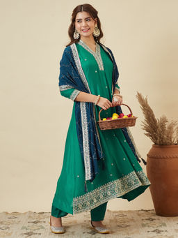 MOKOSH - Women Teal Silk Embroidered Anarkali Kurta with Pant and Dupatta