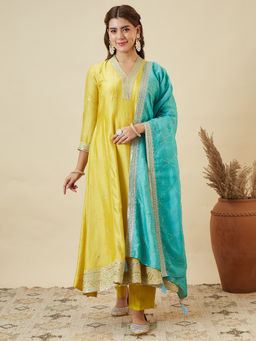 MOKOSH - Women Lemon Yellow Silk Embroidered Anarkali Kurta with Pant and Dupatta