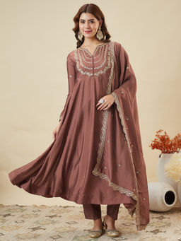 MOKOSH - Women Berry Red Silk Embroidered Anarkali Kurta with Pant and Dupatta