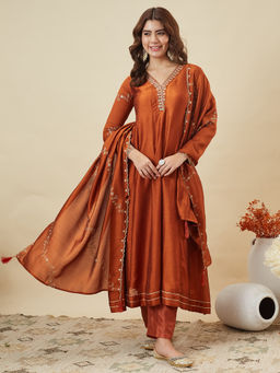 MOKOSH - Silk Rust Anarkali Kurta with Pant and Dupatta
