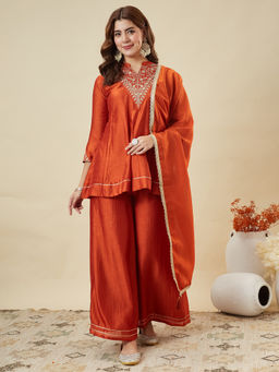 MOKOSH - Orange Traditional Kurta Palazzo Set with Dupatta