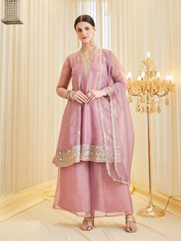 MOKOSH - Purple Women Silk Embroidered Mirrorwork Kurta and Palazzo with Dupatta