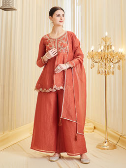 MOKOSH - Rust Embroidered Round Neck Kurti Palazzo & Dupatta