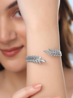 Yellow Chimes - Silver Cuff Leafy Shaped Open Kada Bracelet for Women