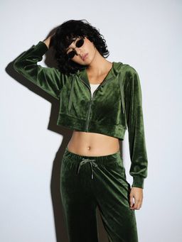 ONLY - Green Solid Velour Hooded Crop Jacket