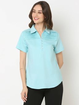 Not So Pink - Solid Aqua Blue Pleating Details At The Yoke Top