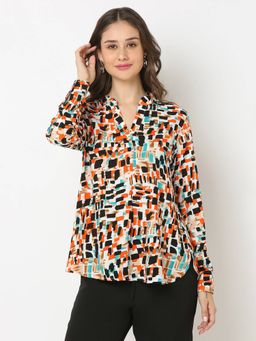 Not So Pink - Printed Orange Mandarin Neck Top