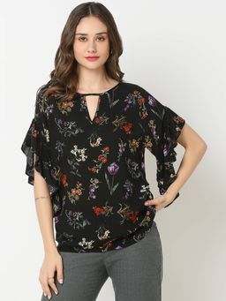 Not So Pink - Black Floral Printed Raglan Sleeves with Key Hole Top