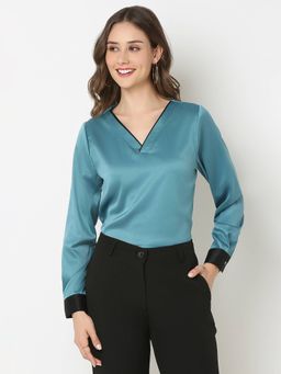 Not So Pink - Teal Solid V Neck Contrast Cuff Detailing Top