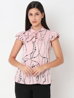 Not So Pink - Printed Cap Sleeves with Lace Tie Up Neck Top