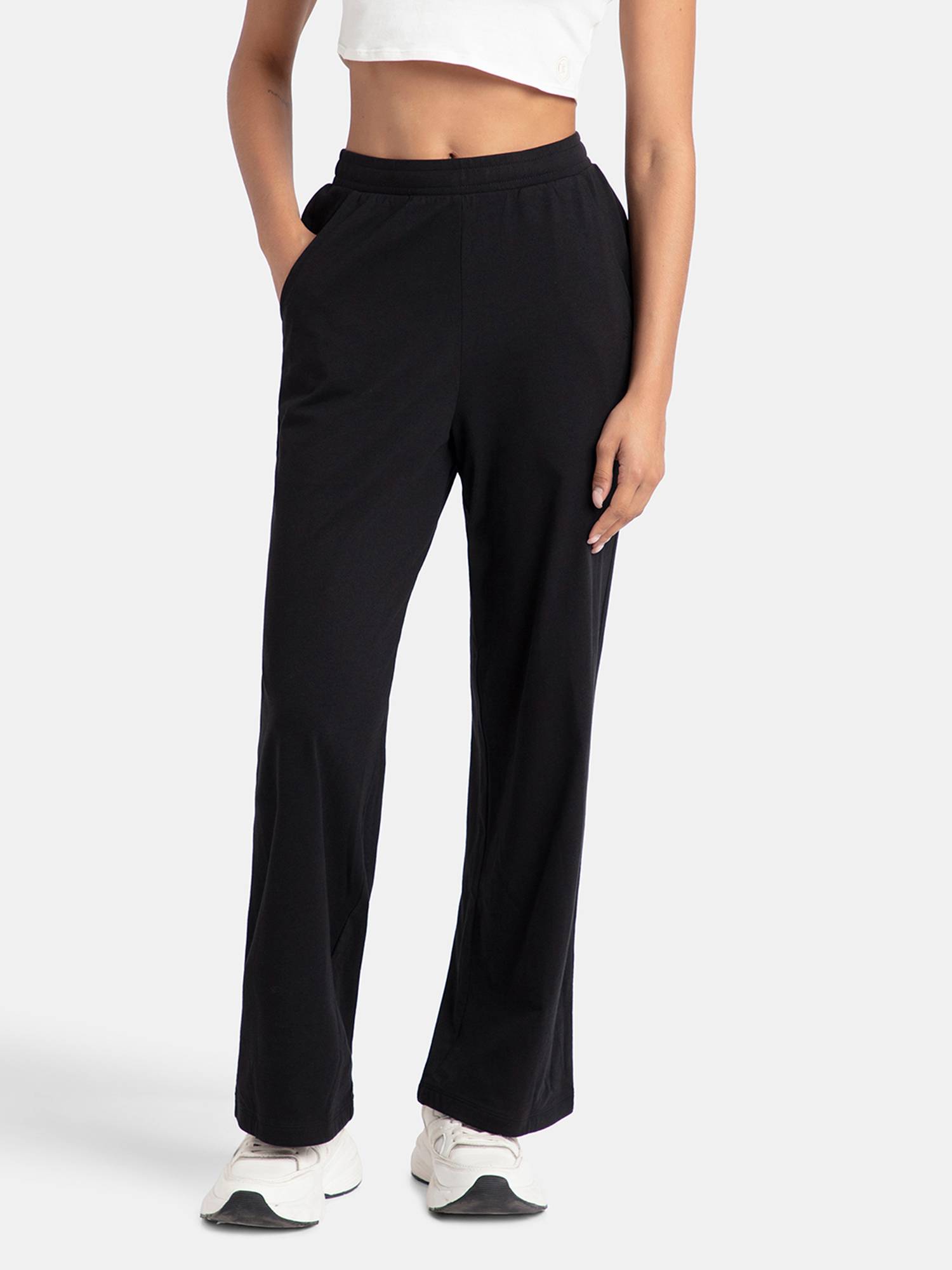 A158 Women Super Combed Cotton Rich Straight Fit Wide Leg Pants - Black-image-6