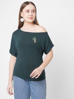 MISH - Green Drop Shoulder Embellished Placement T-Shirt