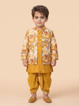 ETHNIKS NEURON - Mustard Mandarin Sleeves Straight Kurta With Dhoti And Nehru Jacket