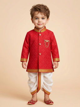 ETHNIKS NEURON - Red Cotton Silk Straight Kurta With Dhoti
