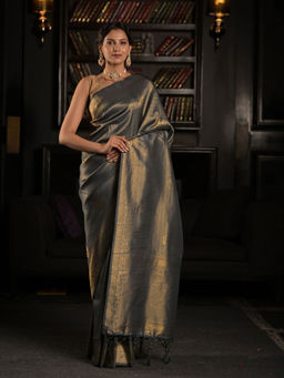 EXCLUSIVA - Greyish Blue Soft Kanjivaram Saree with Unstitched Blouse