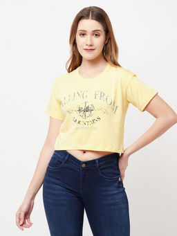 CRIMSOUNE CLUB - Women Yellow Printed Round Neck Cropped T-shirt