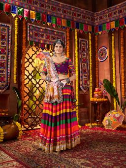 Odette - Multicolor Cotton Blend Printed with Mirror Work Semi-Stitched Lehenga