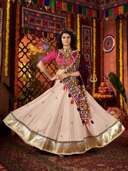 Odette - Cream Cotton Blend Embroidered Mirror Semi-Stitched Lehenga