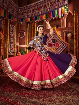 Odette - Coral Cotton Blend Embroidered Semi-Stitched Lehenga