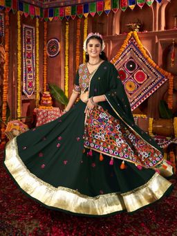 Odette - Dark Green Cotton Blend Embroidered Semi-Stitched Lehenga