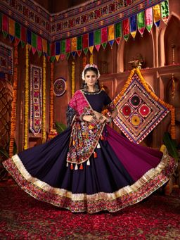 Odette - Navy Blue and Magenta Cotton Blend Embroidered Semi-Stitched Lehenga