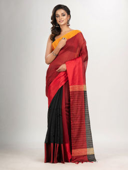 Angoshobha - Maroon and Black Cotton Blend Handloom Saree with Unstitched Blouse